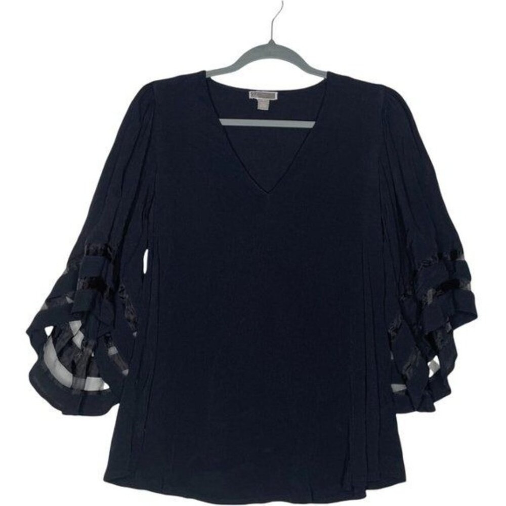 Chelsea & Theodore Black V-Neck Bell Sleeve Blouse with Mesh Burnout Detail S